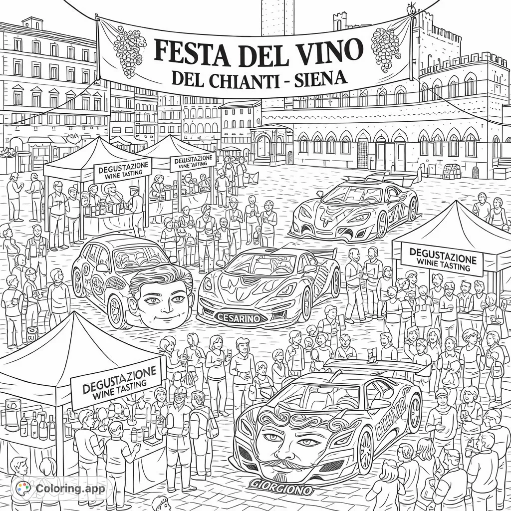 Immerse yourself in a lively Italian wine festival, featuring custom cars with character faces, tasting tents, and historic Siena architecture.