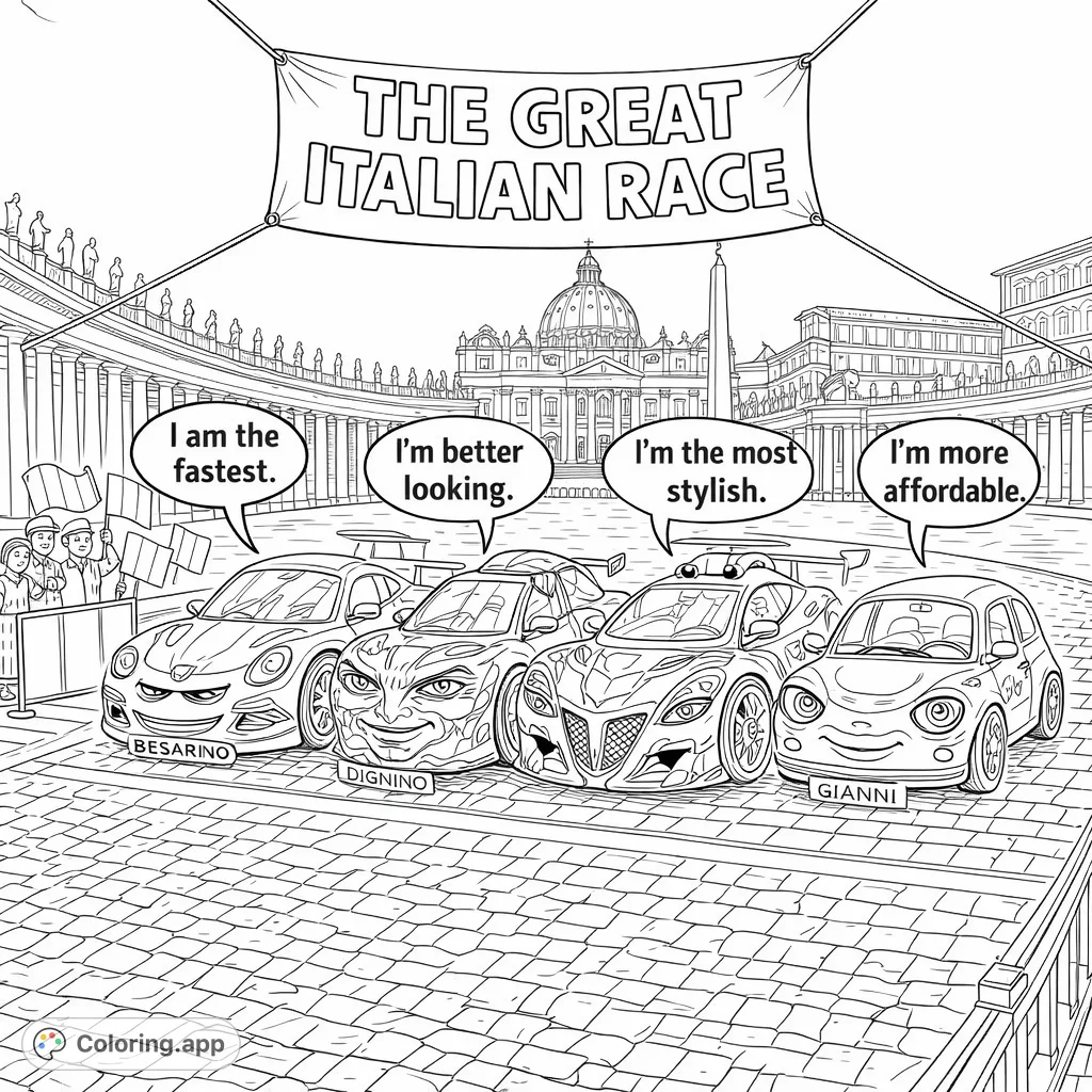 Four distinct anthropomorphic cars line up for a whimsical race in a grand Italian square, set against iconic architecture. A fun challenge for all ages.