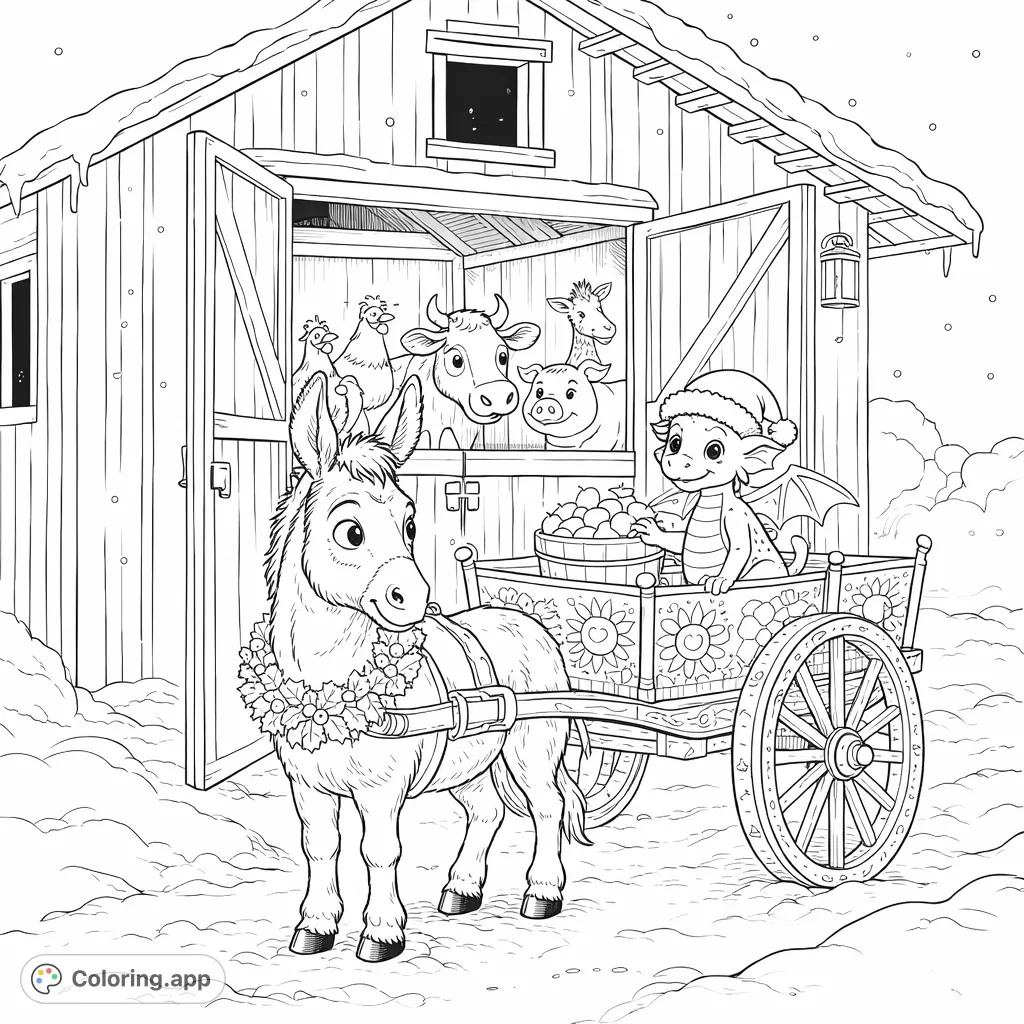 A delightful winter farm scene featuring a festive donkey pulling a decorated cart with a friendly dragon, while farm animals peek from a snowy barn. Perfect for joyful coloring!