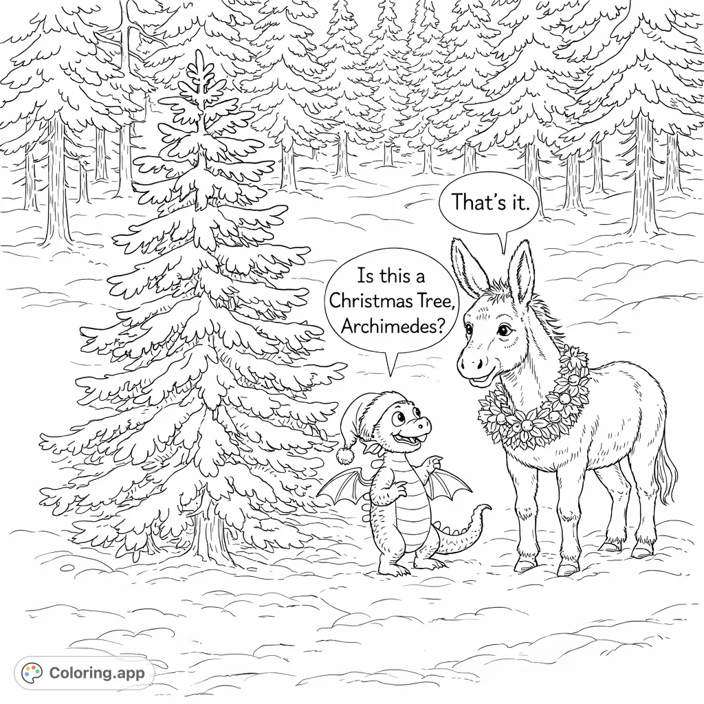 A charming winter scene featuring a small dragon in a Santa hat and a donkey with a festive wreath, standing beside a snow-covered fir tree in a snowy forest.
