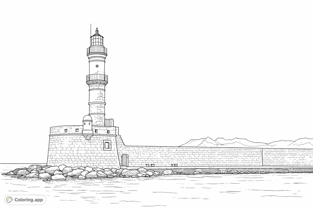 Color a grand old lighthouse standing on a textured stone pier by calm waters, with distant mountains. Perfect for architectural and scenic coloring.
