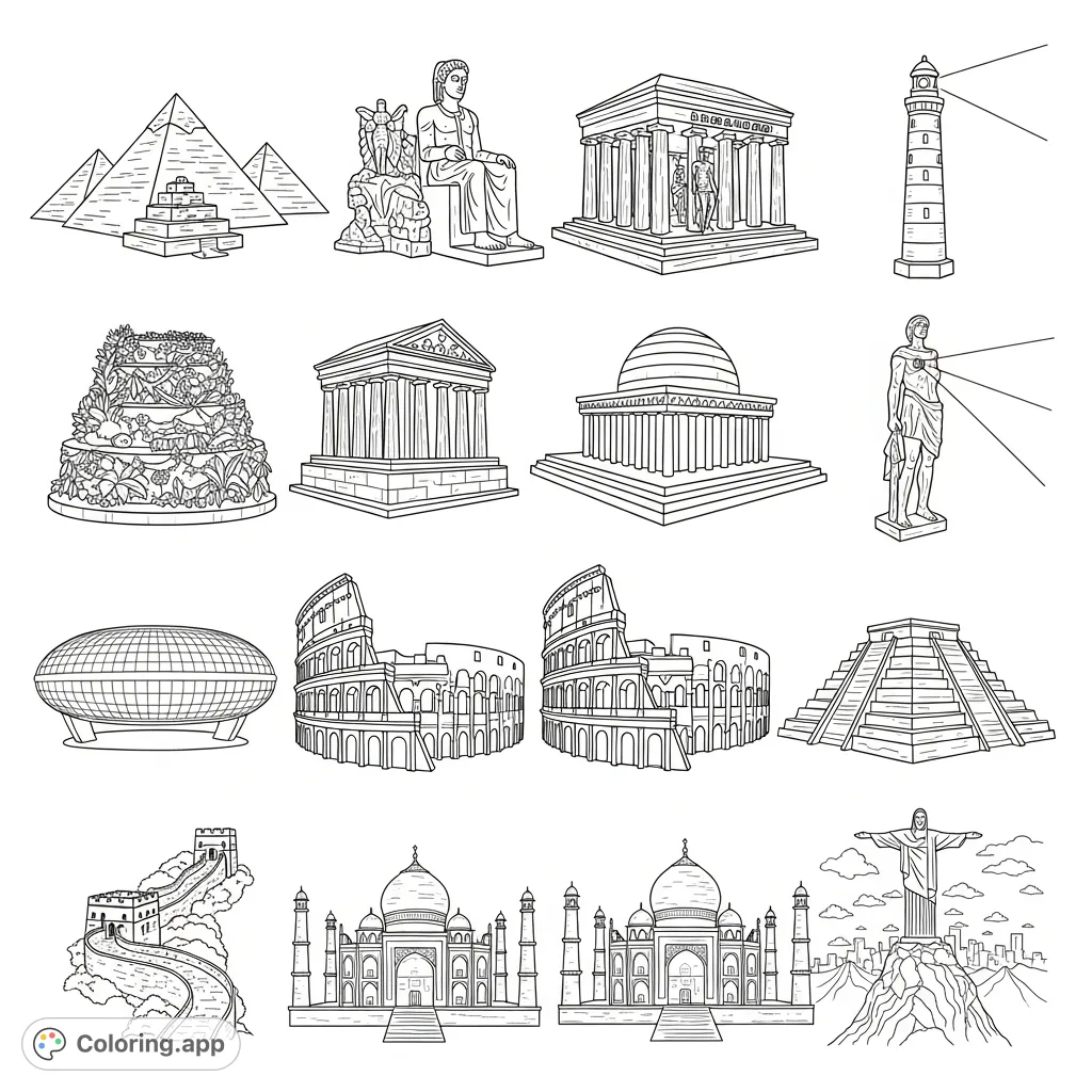 Explore a detailed depiction of the Seven Ancient and Seven Modern Wonders of the World. A captivating architectural journey through history's greatest human achievements.