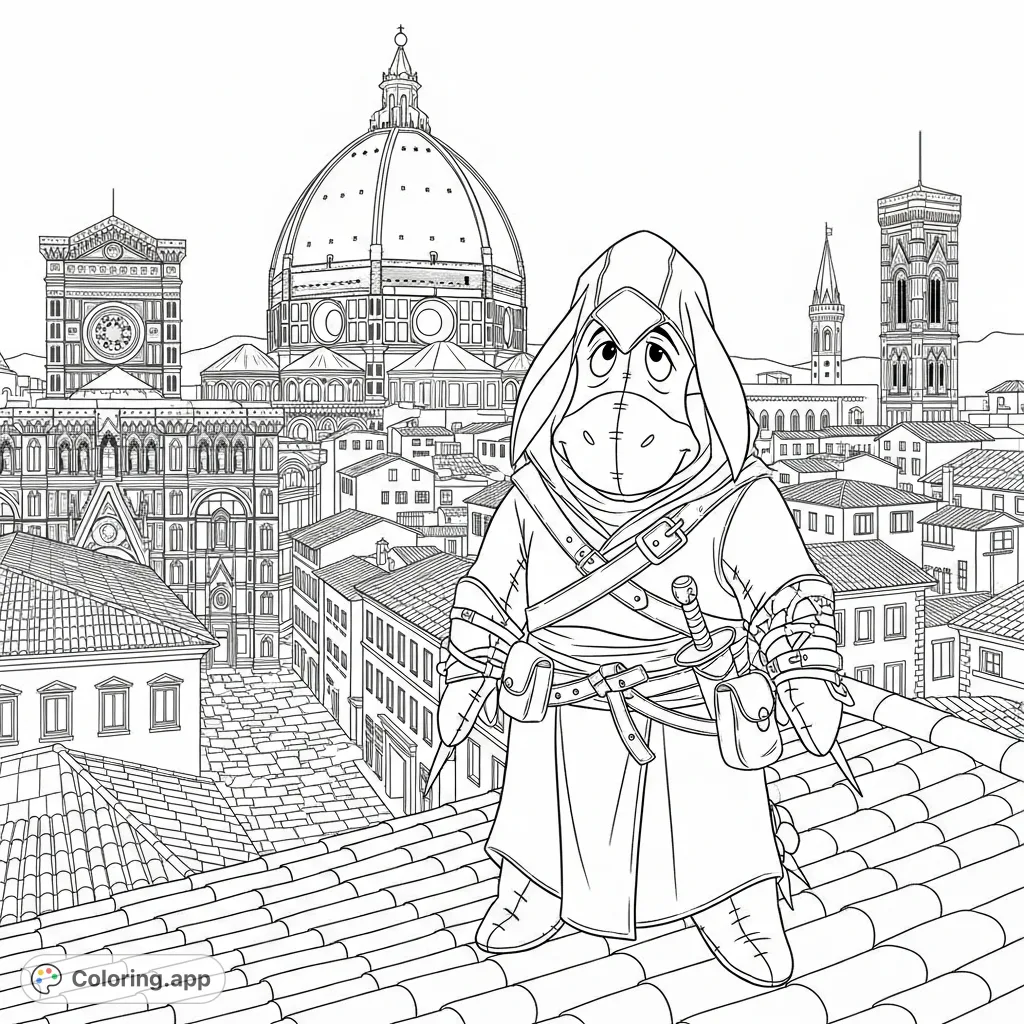 An unexpected crossover! Eeyore in a detailed assassin's robe amidst the iconic Renaissance architecture of Florence. A unique coloring adventure!