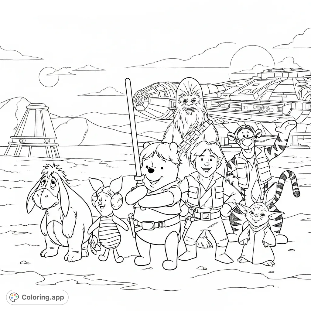 Winnie the Pooh as Luke Skywalker, Piglet as Leia, and friends embark on an epic Star Wars journey on a desert planet with the Millennium Falcon. A fun, free printable for fans.