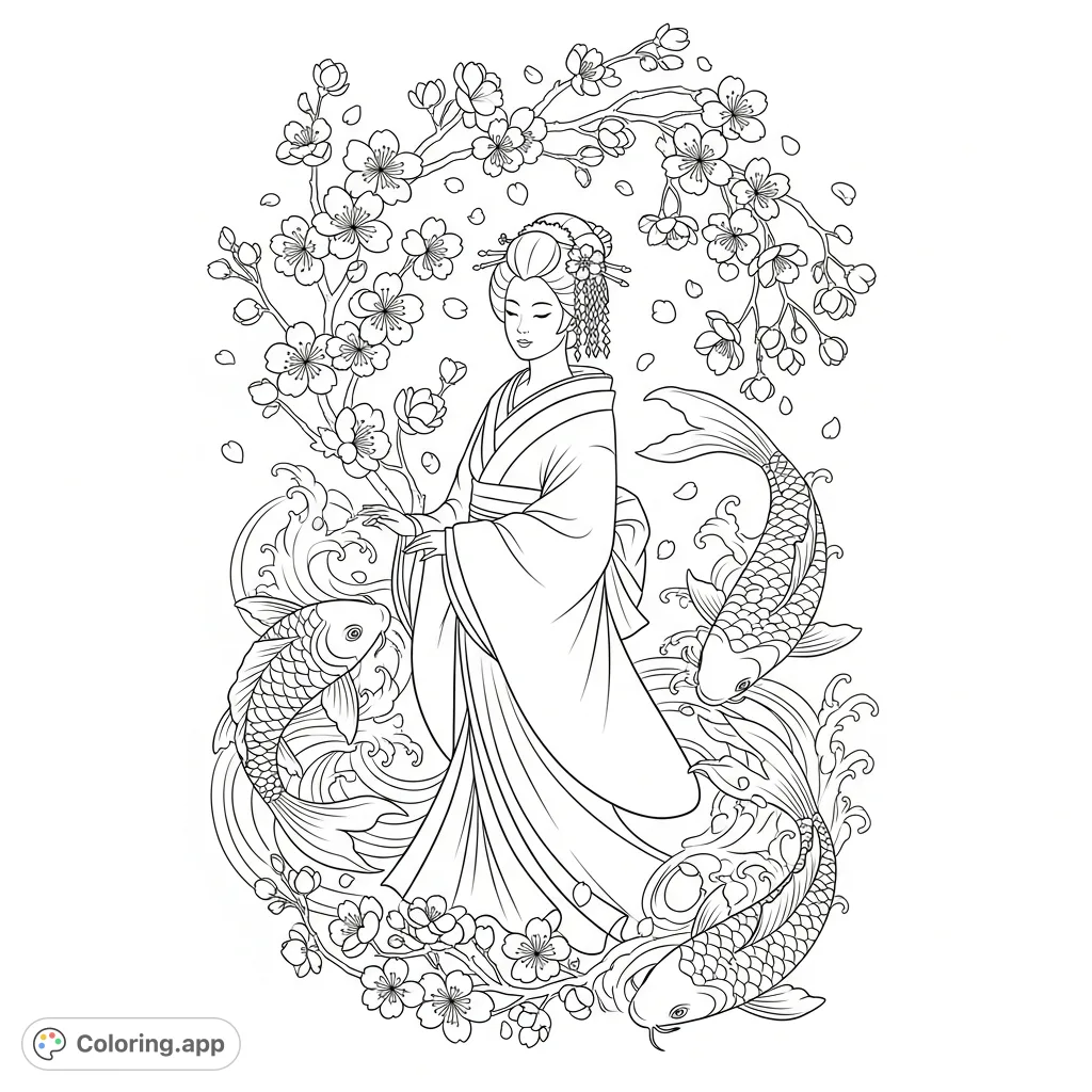 An elegant coloring page featuring a serene lady in a detailed kimono, flowing koi carp, and delicate cherry blossoms in a cohesive tattoo design.