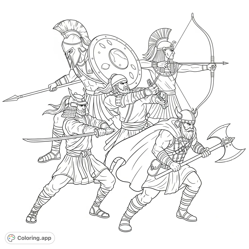 An epic legendary warriors coloring page featuring Spartan, Samurai, Egyptian, and Viking figures interwoven in dynamic battle poses. A free printable adventure!