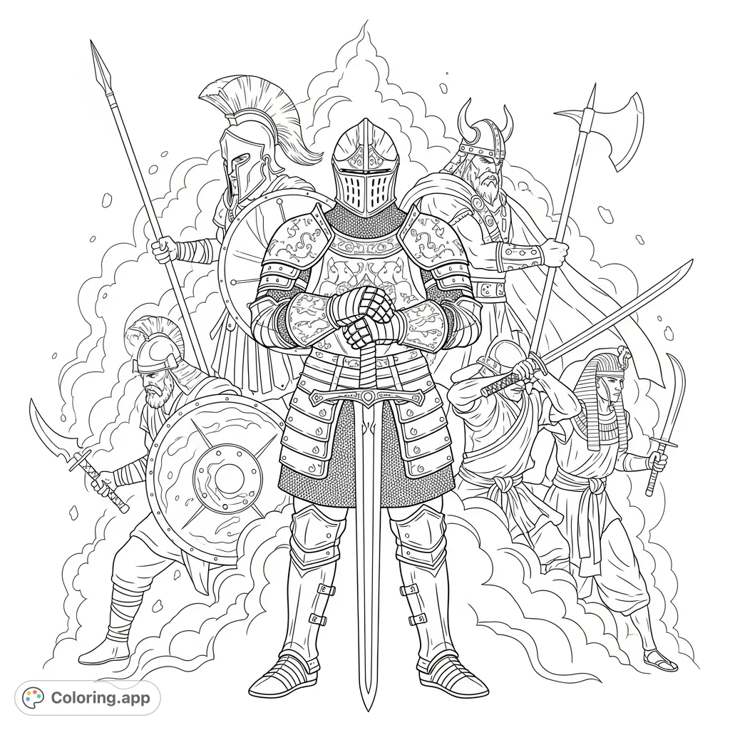An epic coloring page featuring a stoic medieval knight alongside spectral Spartan, Viking, Samurai, and Egyptian warriors, a powerful tableau against swirling mist.