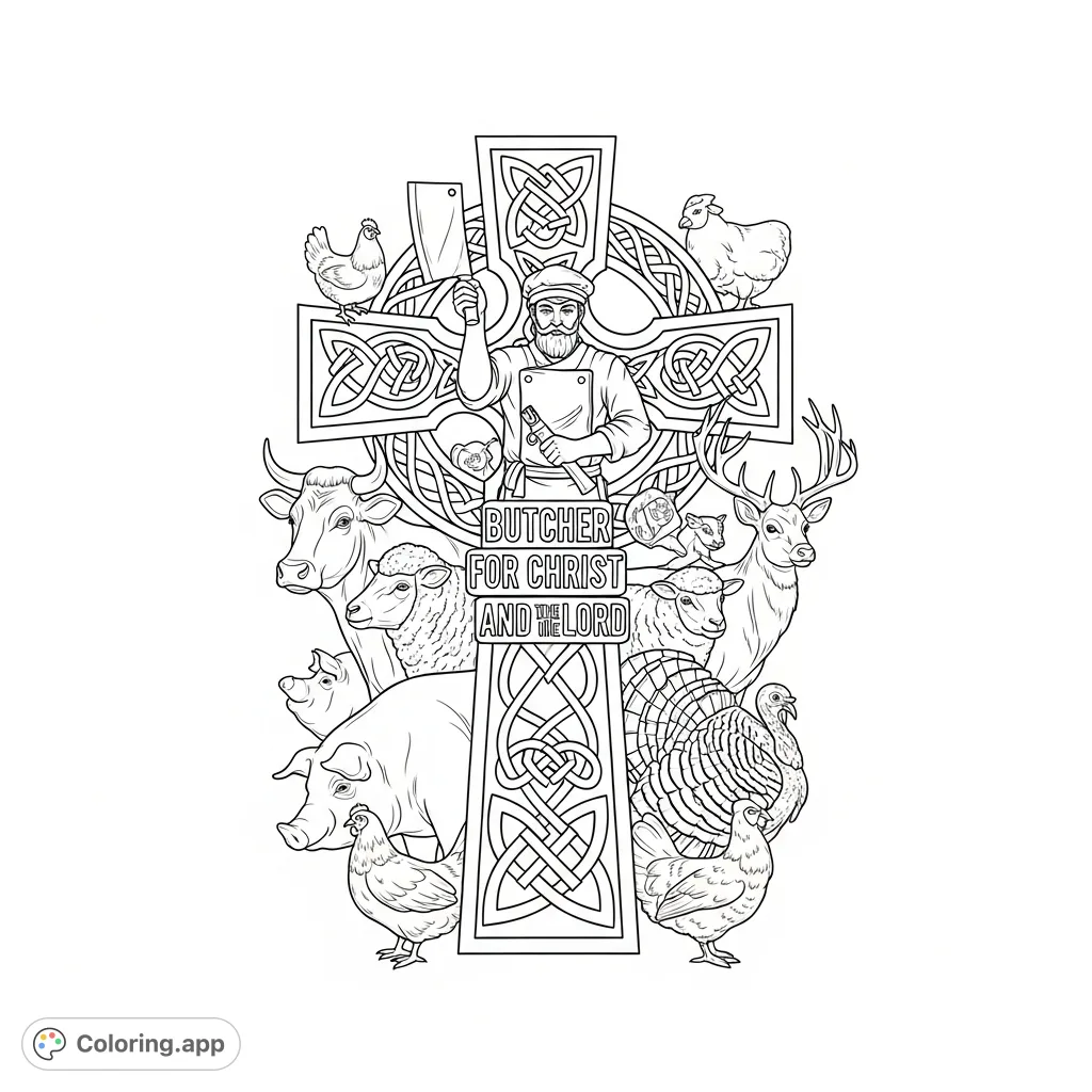 An intricate Celtic cross design featuring a butcher, various livestock, a deer, and the powerful inscription "butcher for christ and the lord."