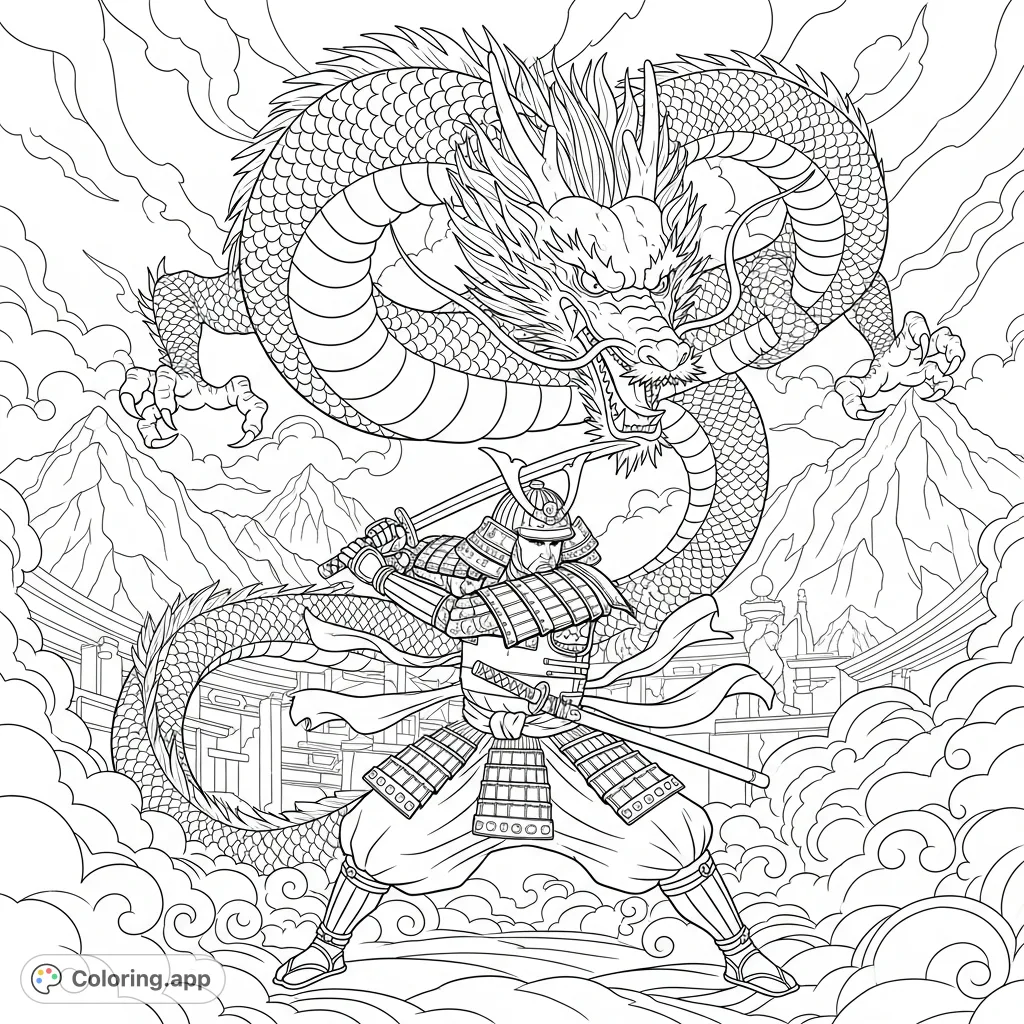 Experience an epic Japanese samurai vs. dragon coloring page. A warrior with a katana faces a colossal, scaled beast in a dramatic mountain setting.