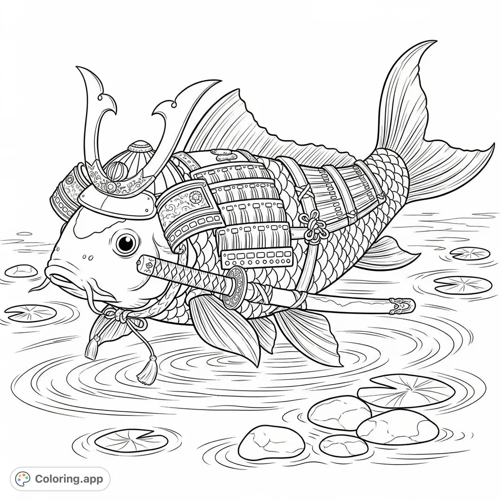 A majestic koi fish, wearing intricate samurai armor, swims gracefully amidst tranquil pond elements. A unique blend of aquatic beauty and historical warrior spirit.