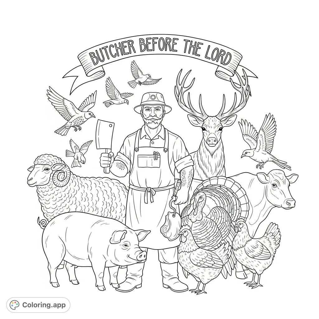A detailed tattoo-style butcher coloring page featuring a traditional butcher surrounded by various animals and the text "butcher before the lord."