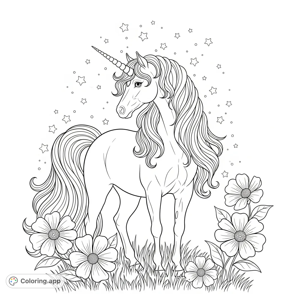 A majestic unicorn with a flowing mane and spiraling horn stands gracefully in a whimsical meadow under a starry sky. Perfect for magical coloring fun!