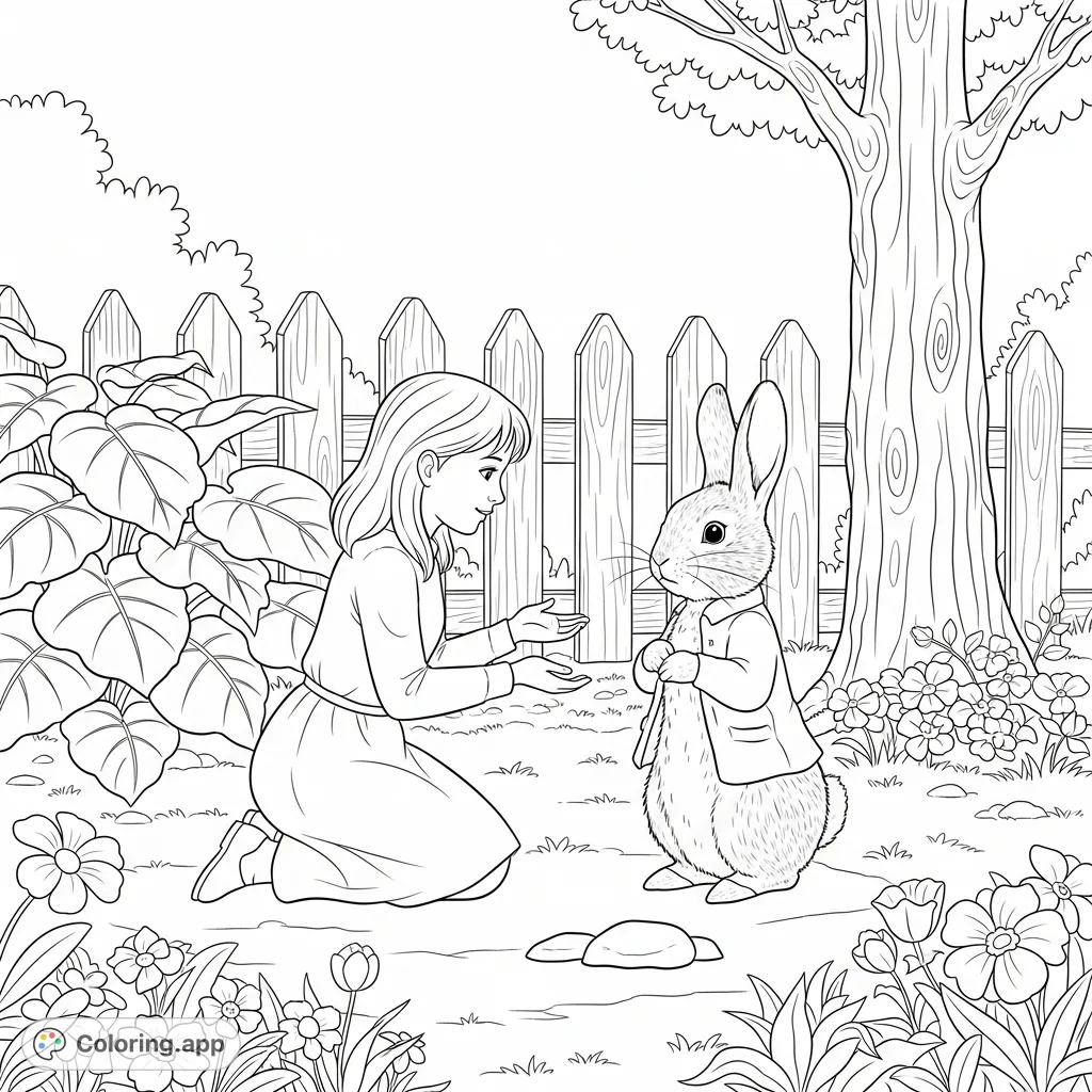 A delightful free printable coloring page depicting a girl's charming encounter with Peter Rabbit in a lush garden setting, perfect for imaginative young artists.