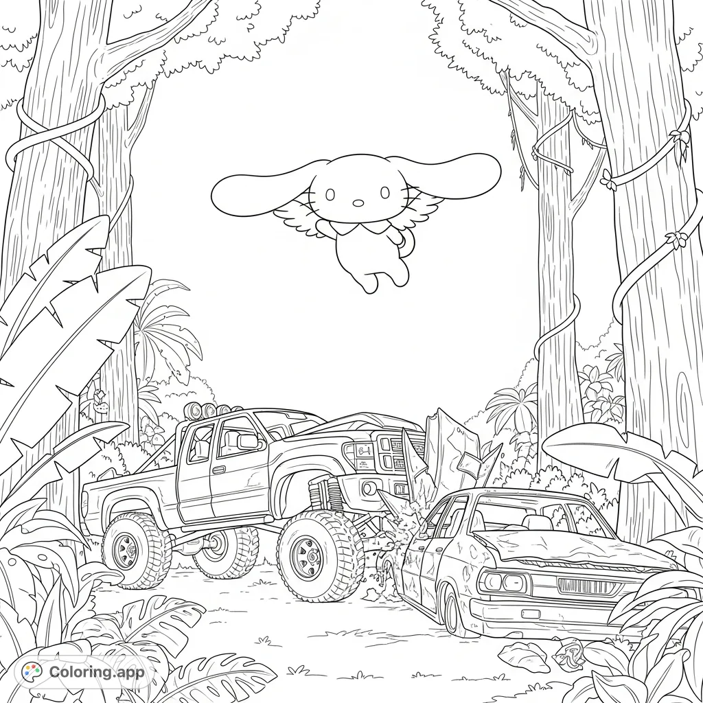 Cinnamoroll soars above a surreal tropical rainforest where a junkyard trophy truck crashes into an abandoned car. A unique, imaginative scene for coloring.
