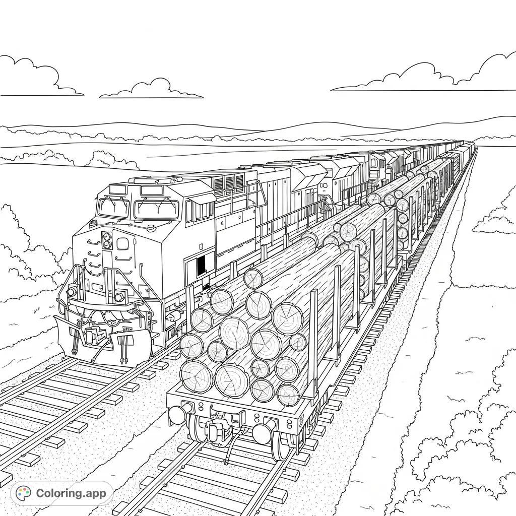 Freight Train with Log Flatcars - Coloring.app