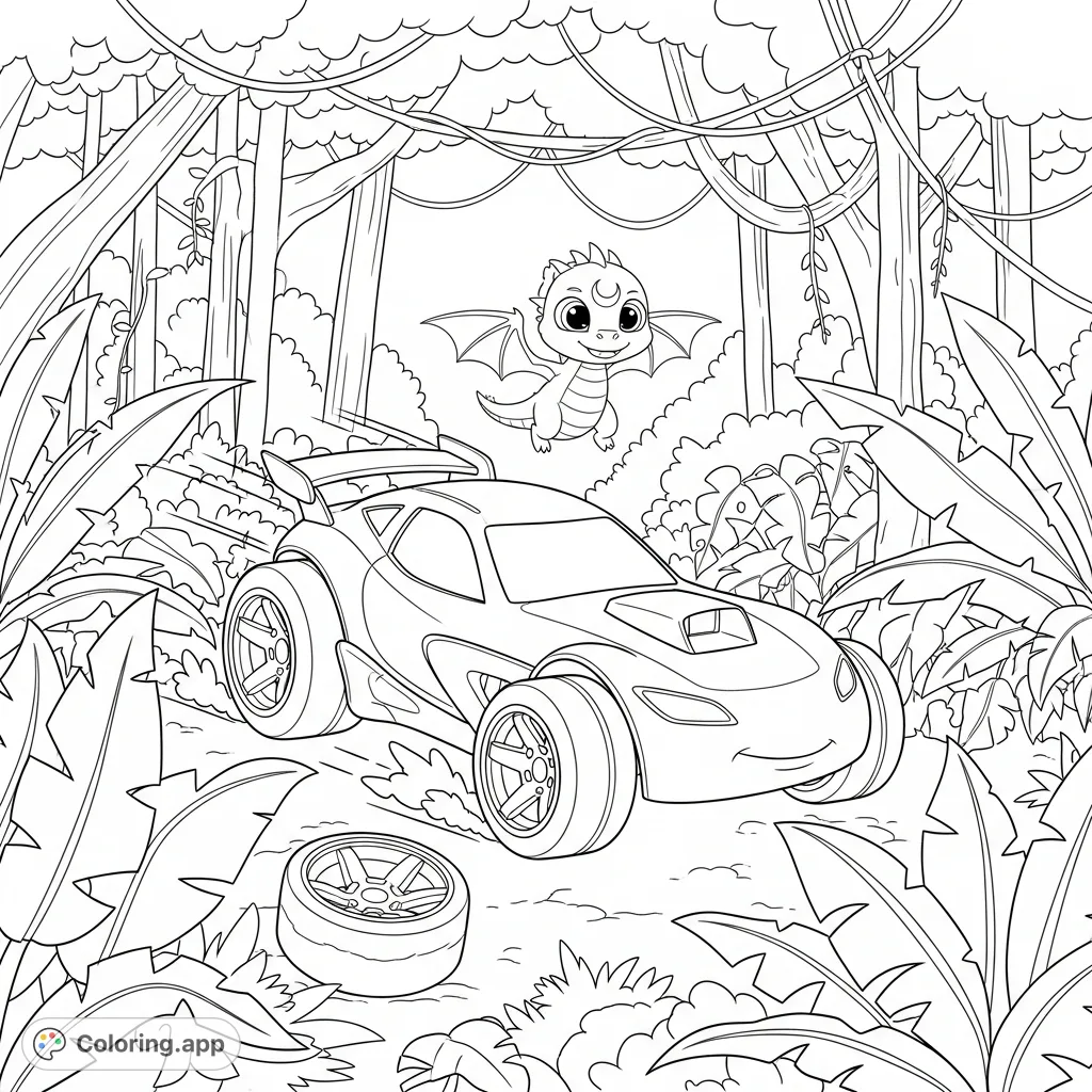 Zoom into a tropical rainforest with a Hotwheels Shredster car and a cute dragon. Perfect for car enthusiasts and fantasy lovers. A free printable coloring page!