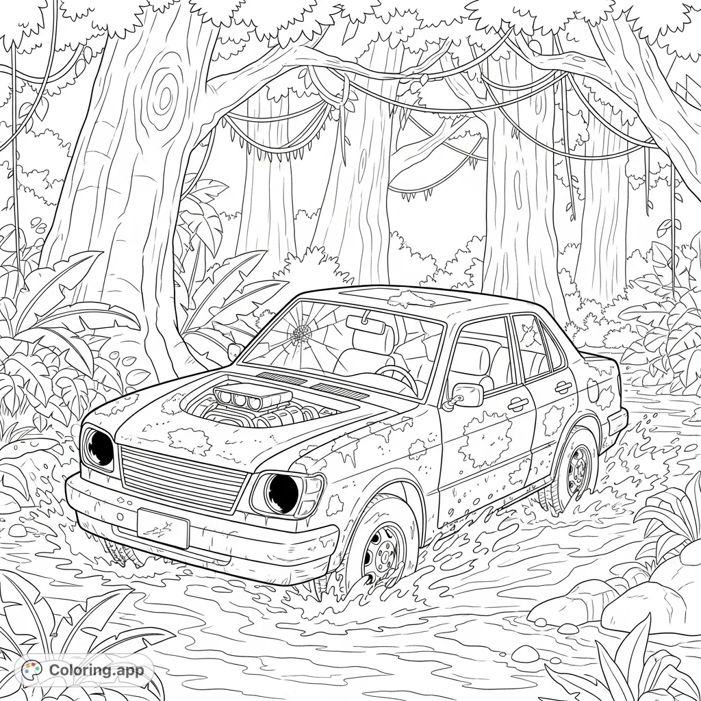 An old junkyard car navigates a splashing river in a dense rainforest, showcasing decay amidst lush nature. A unique vehicle and nature scene.