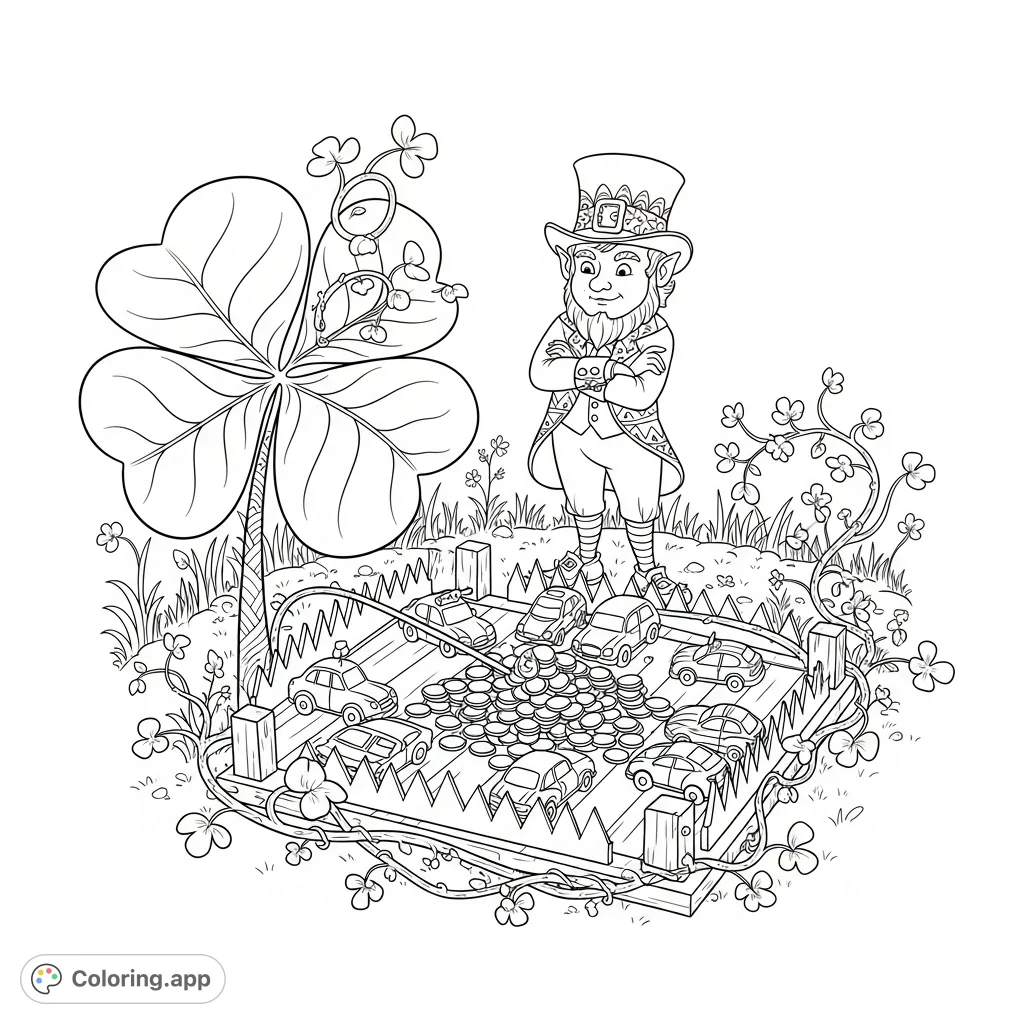 A whimsical leprechaun peeks at an elaborate car trap baited with gold, a clever St. Patrick's Day themed coloring page challenge.