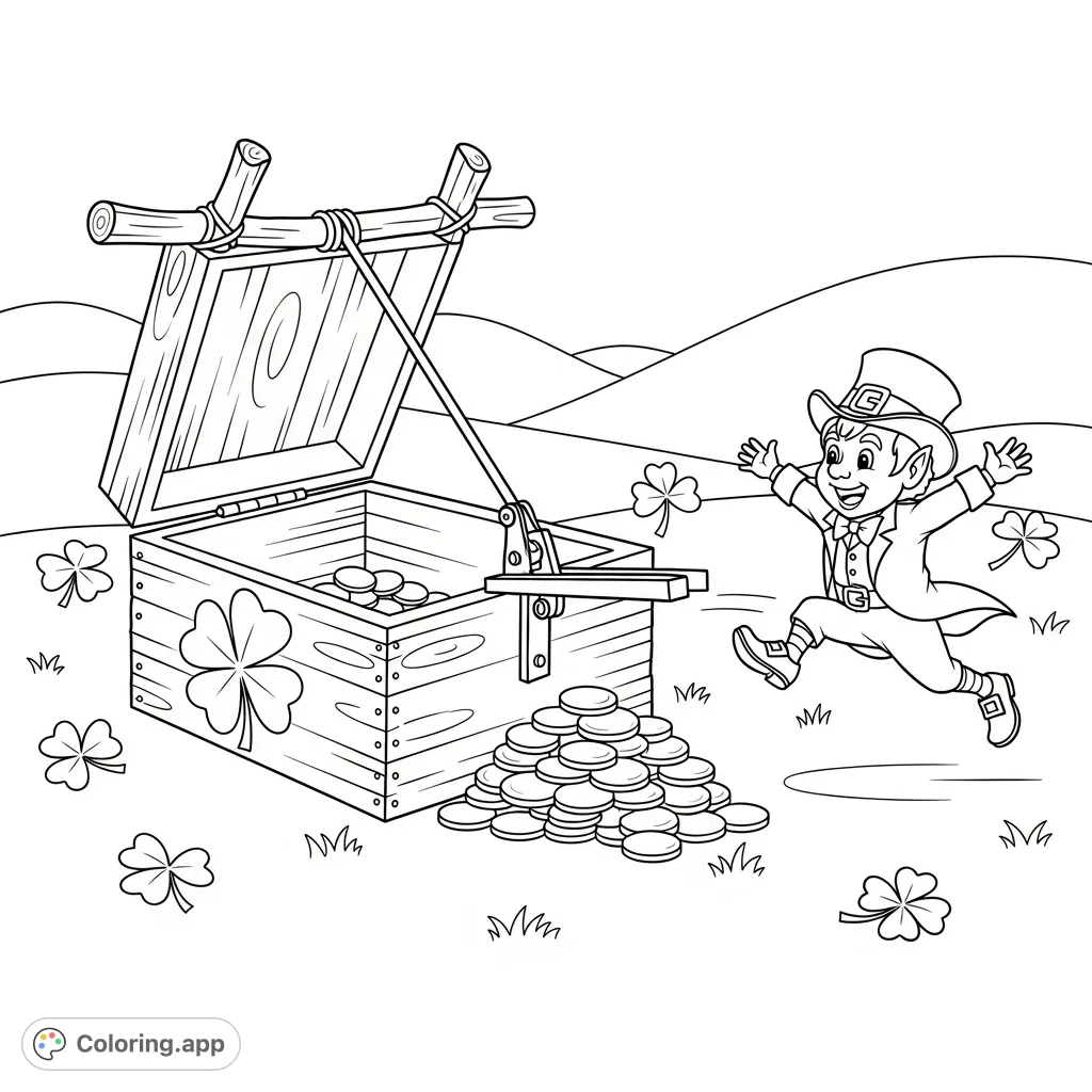 A clever leprechaun outsmarts a homemade trap baited with shining coins, mid-escape. This playful scene offers a fun St. Patrick's Day coloring page.
