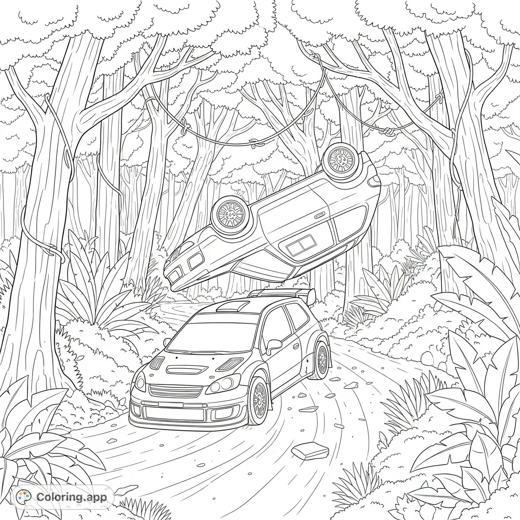 Experience the thrilling moment of a rally car crash in a dense tropical rainforest. Two vehicles collide amidst lush foliage in this action-packed scene.