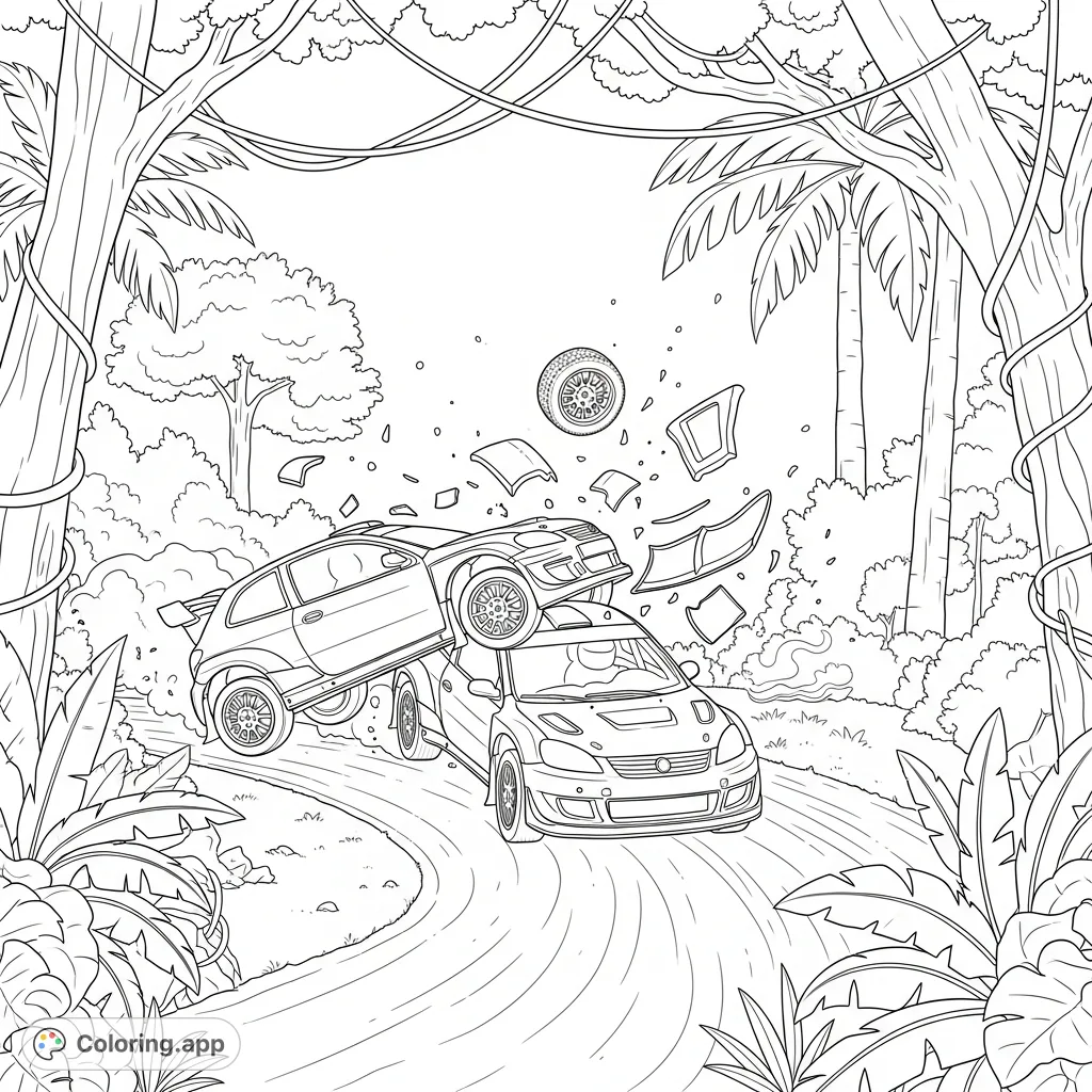 Dynamic rally race car coloring page depicting a dramatic mid-air collision in a dense tropical rainforest. Action-packed scene with flying debris.