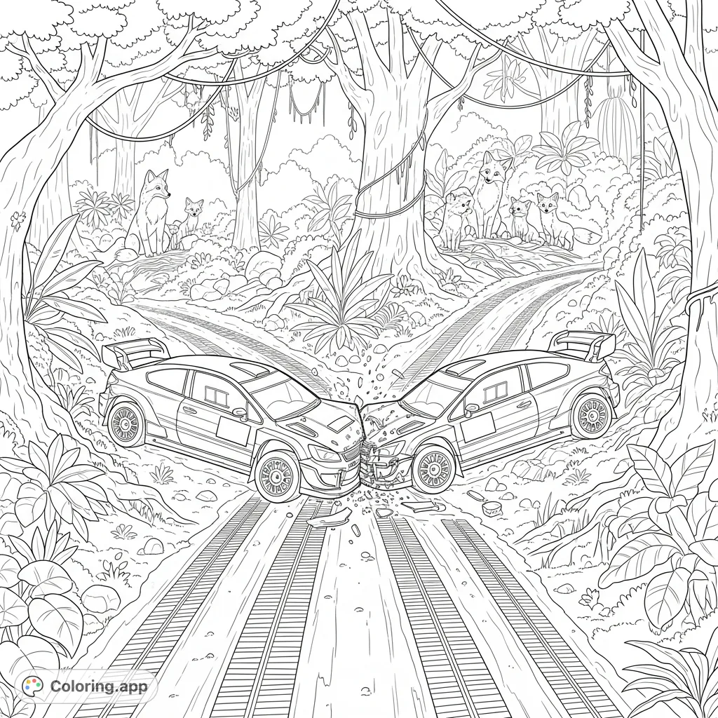 Witness an epic rally race car crash in a lush rainforest, with three curious fox families observing the dramatic impact amidst dense foliage and towering trees.