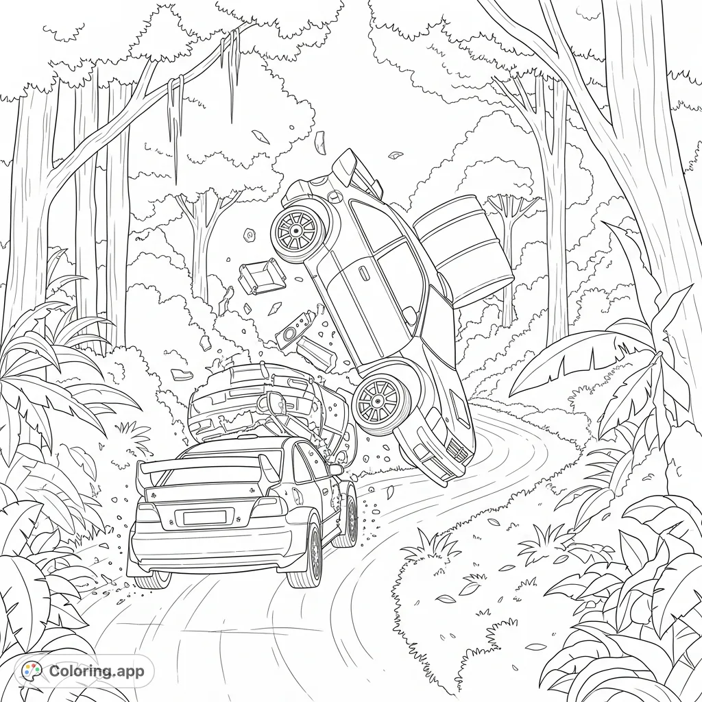 Experience the high-octane drama of a rally race car crash in a dense tropical rainforest, with one car vaulting dramatically over another mid-air.