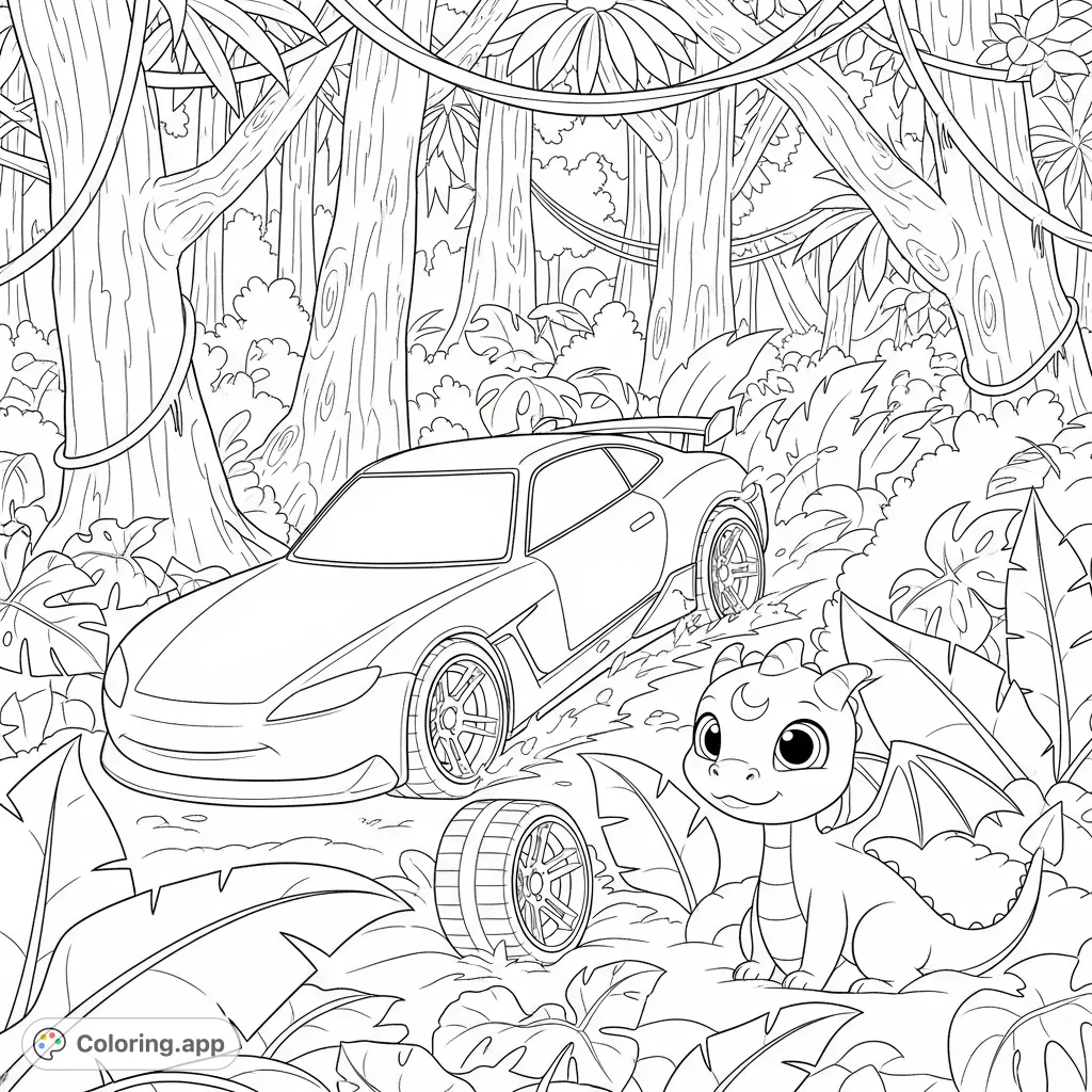 Embark on a jungle journey with a Hotwheels Shredster car and a cute dragon in a lush, detailed tropical rainforest. A thrilling adventure free printable coloring page.