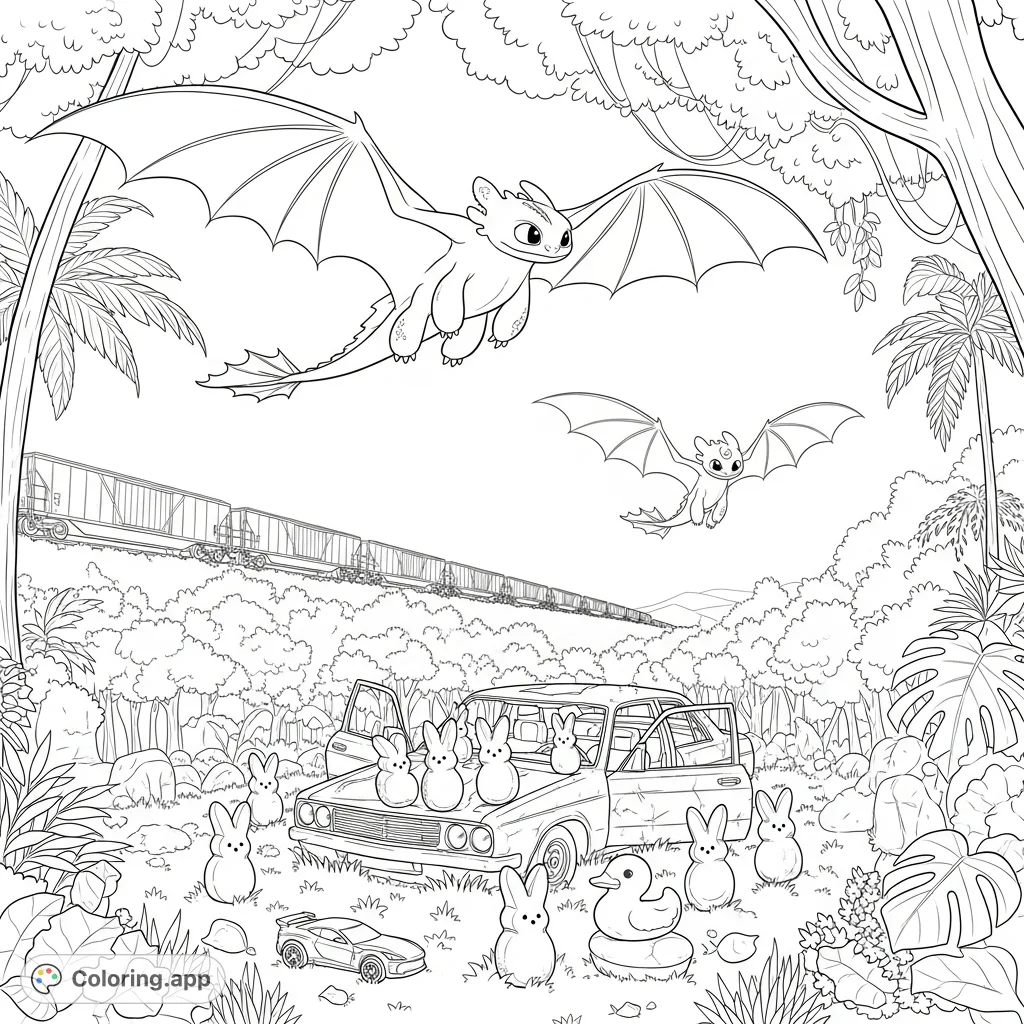 Join Toothless and a whimsical moon-dragon soaring above a tropical rainforest, where peep candies discover an abandoned car, with a freight train passing by.