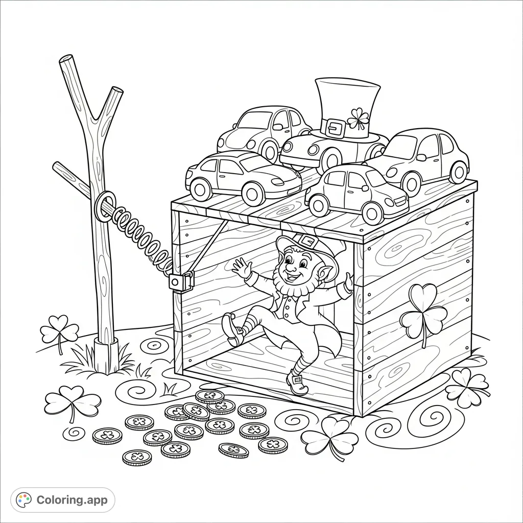 A lively Saint Patrick's Day coloring page featuring a dancing leprechaun caught in a homemade trap with toy cars and shiny bait. Perfect for festive fun!
