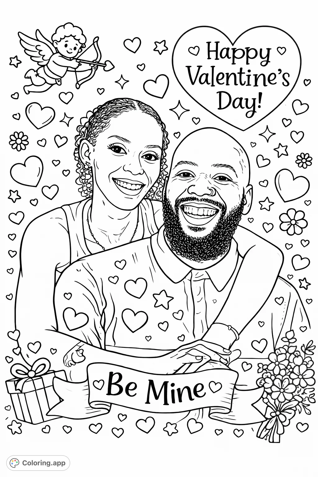 Celebrate love with this romantic couple's embrace. Perfect for Valentine's Day, featuring sweethearts, hearts, and charming details. A heartwarming scene!