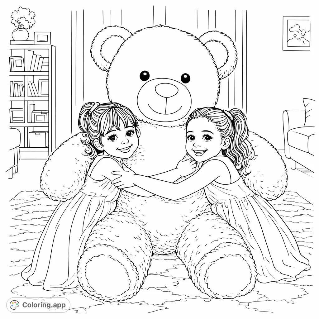 Two happy girls share a warm embrace with a huge, fluffy teddy bear in a cozy room. A delightful scene for kids, perfect for a teddy bear coloring page.