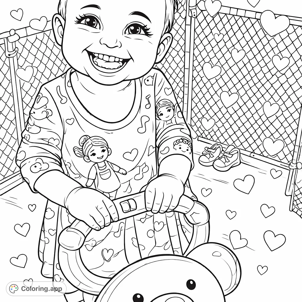 A delightful toddler playtime coloring page, featuring a smiling child and toy. Perfect for kids, with charming details and heart patterns!