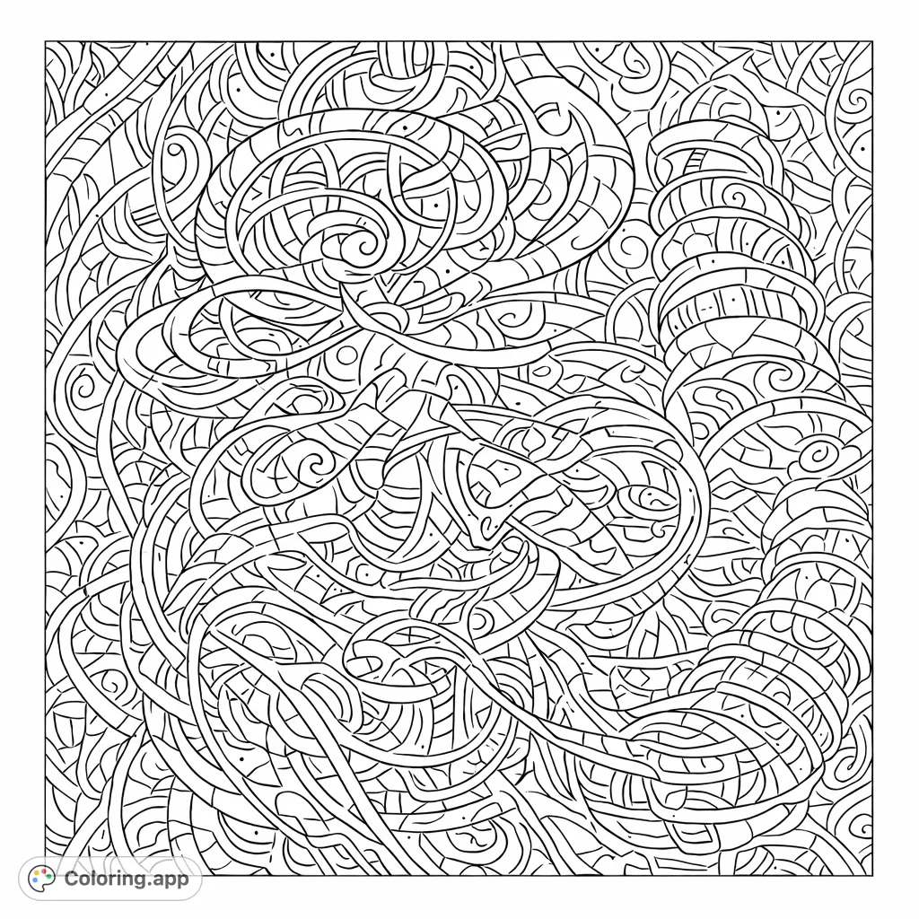 Immerse yourself in a complex patterned portrait, featuring a stylized face interwoven with intricate designs. A highly detailed artwork for meditative coloring.