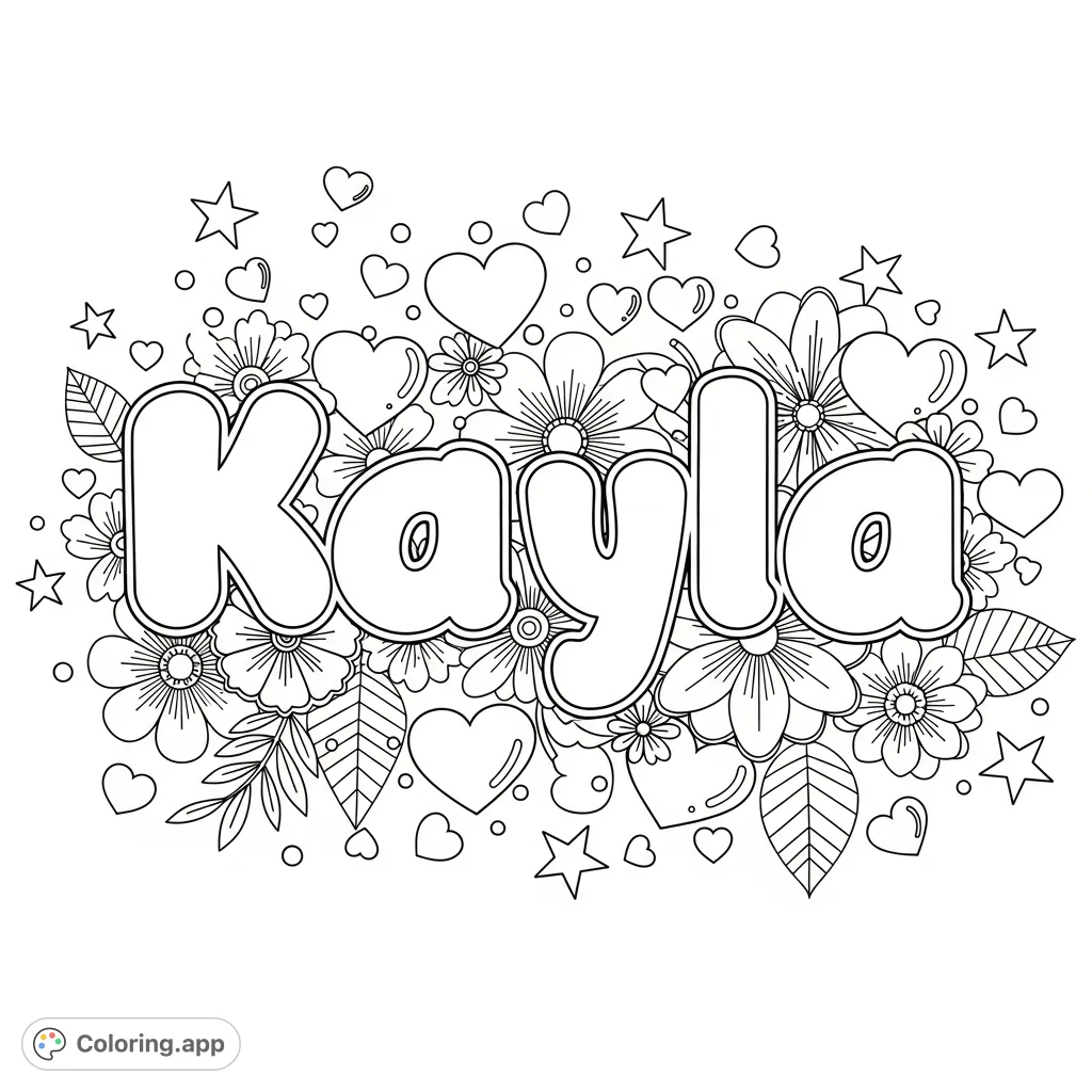 "Kayla" in playful bubble letters, adorned with an enchanting array of hearts, stars, and flowers for a whimsical and delightful coloring experience.