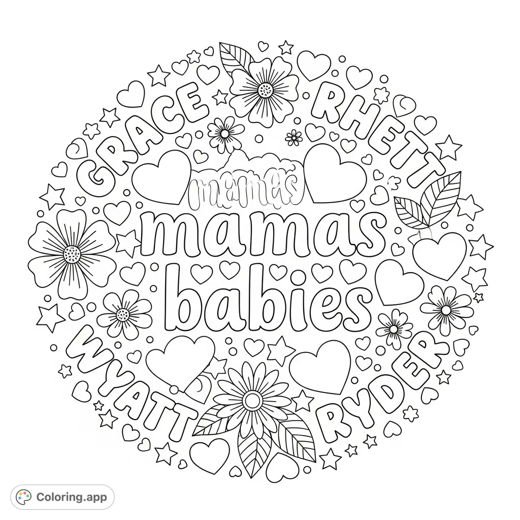 Celebrate family and friendship with this charming coloring page featuring 'mamas babies' text, names Grace, Rhett, Wyatt, Ryder, and delightful hearts, flowers, and stars.