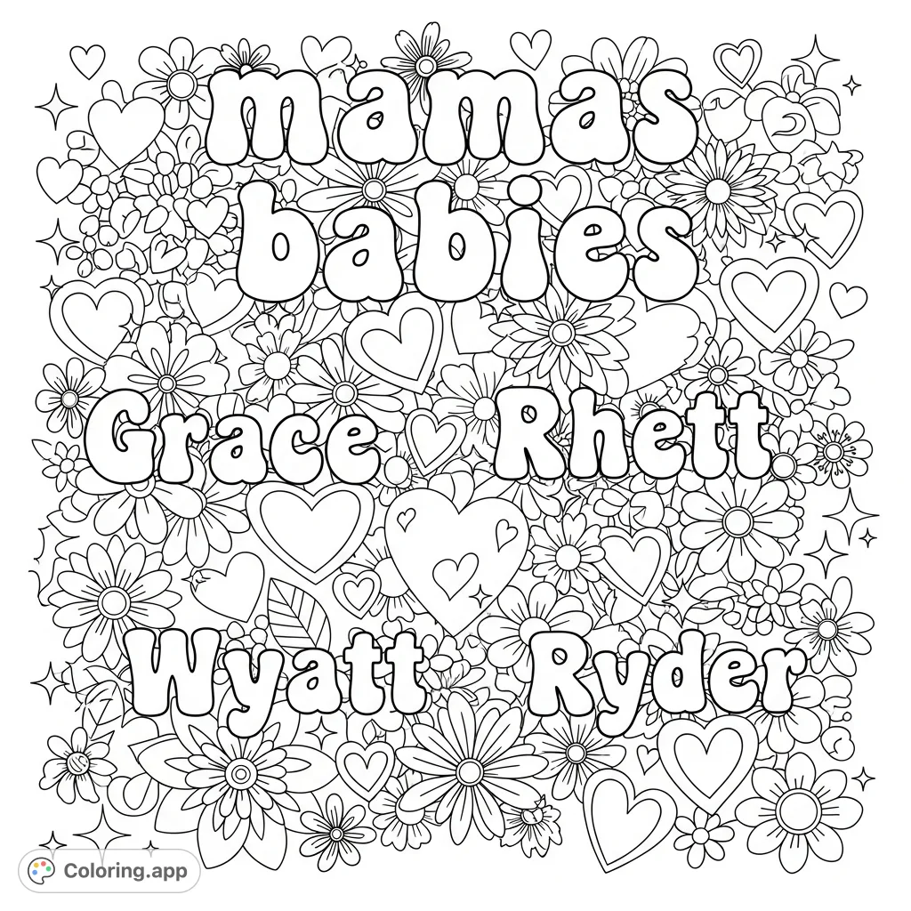 A charming coloring page celebrating friendship and family with 'mamas babies' text, individual names, and a delightful array of hearts, flowers, and stars.