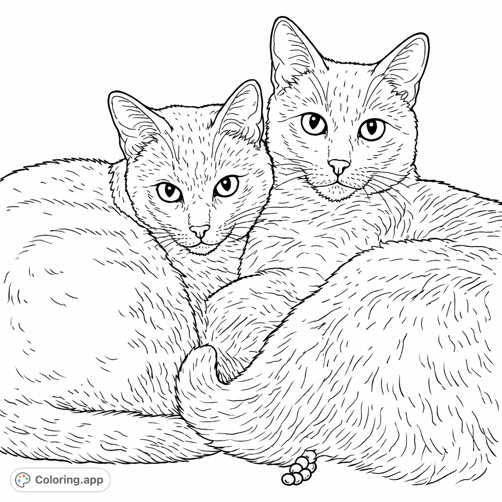 A heartwarming coloring page featuring two adorable feline companions cuddling together. Perfect for cat lovers of all ages.