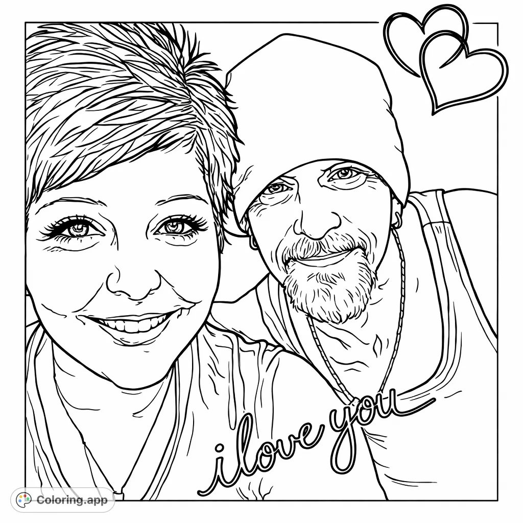 Capture the warmth of a smiling couple, complete with sweet heart accents and affectionate script. A delightful portrait for personalized expression.