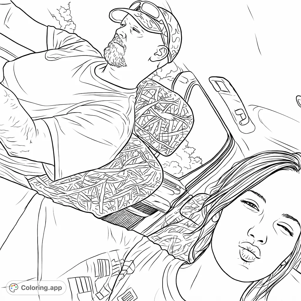 Capture a candid moment of a couple on a car ride, with one making a playful expression. Features car interior details, patterned seats, and outdoor scenery.