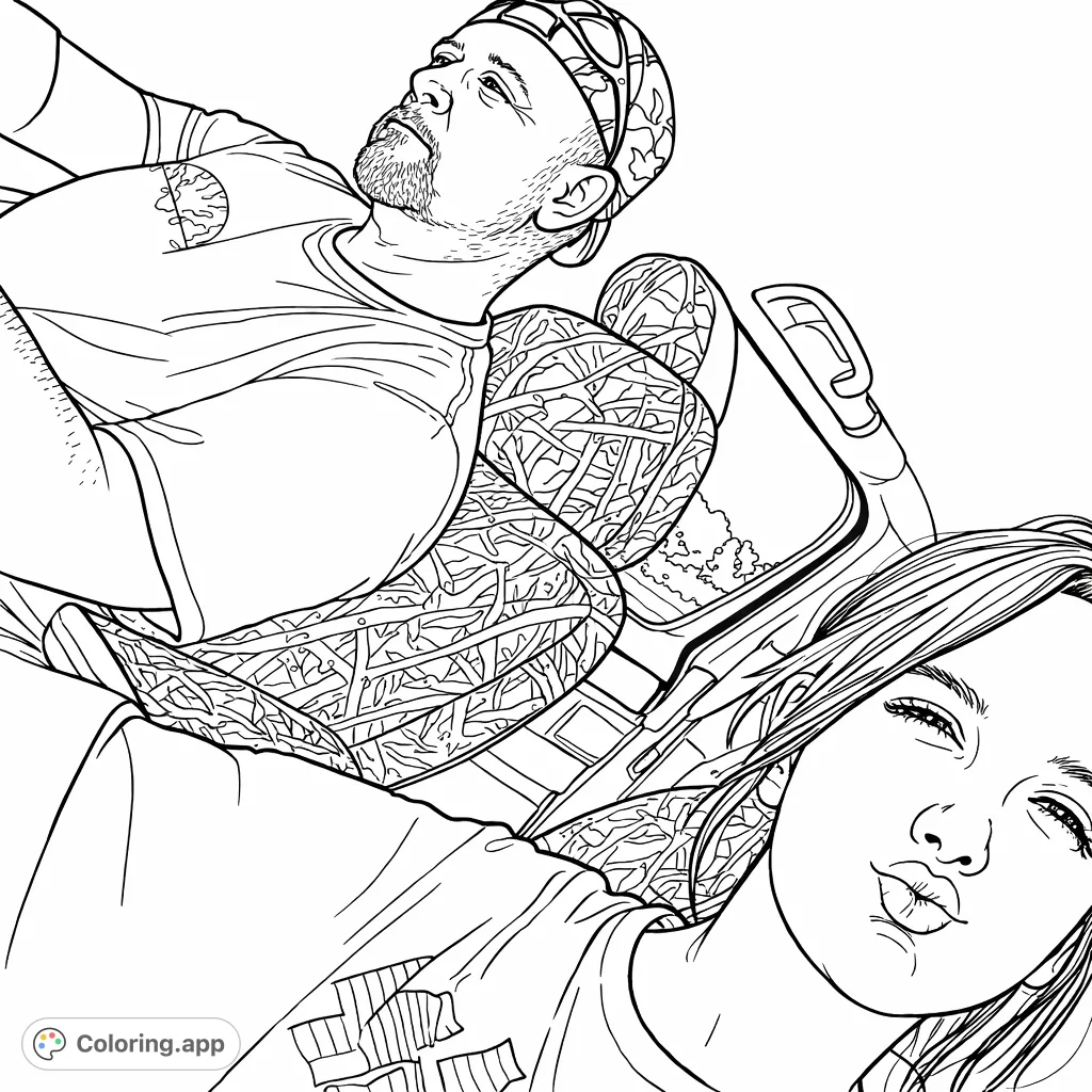 Capture a moment of connection on the open road with this detailed travel selfie coloring page, perfect for personalizing with your artistic touch.