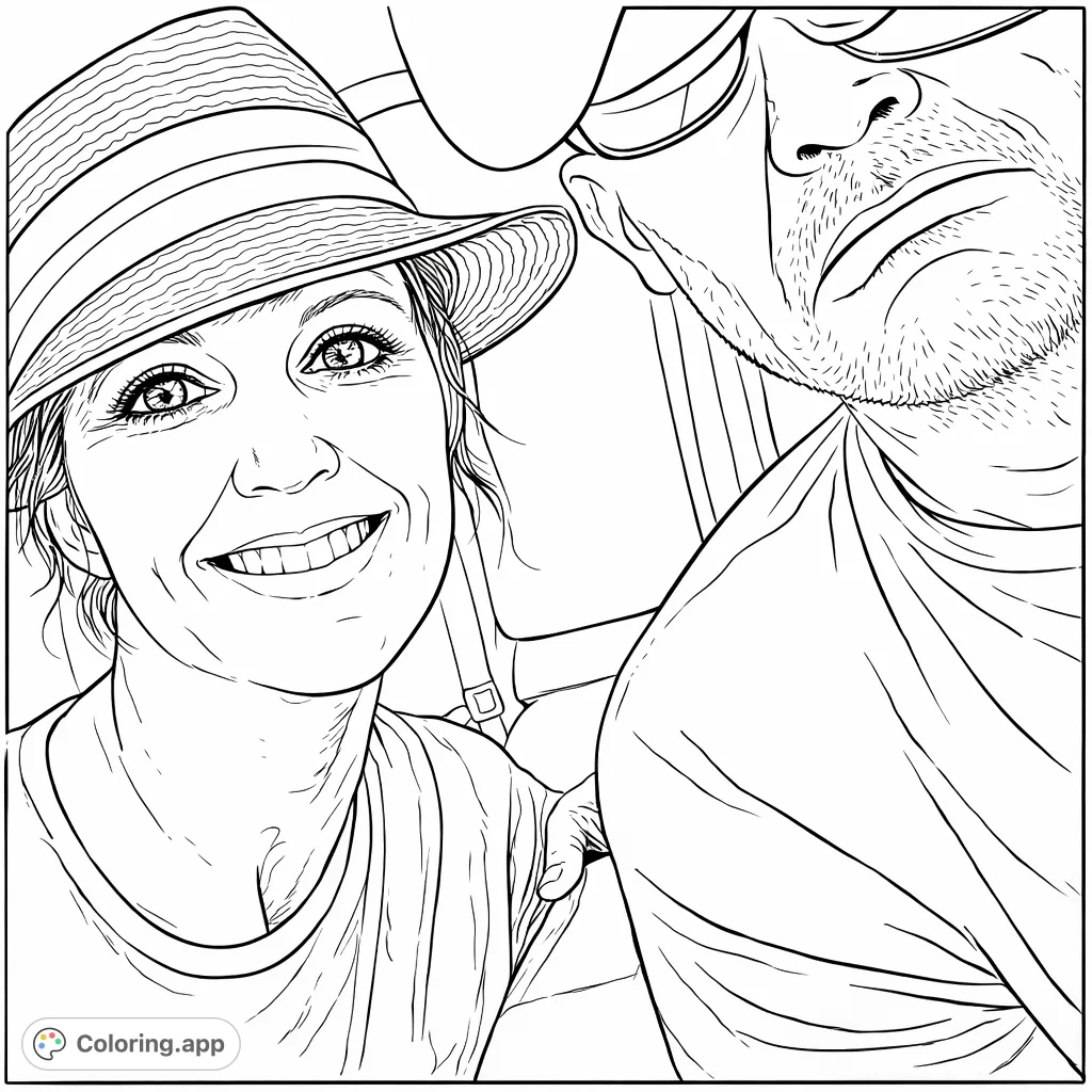 Capture a cheerful moment with this couple's car selfie coloring page. Features a smiling woman in a hat and a man, perfect for adding personal touches to a fun trip.