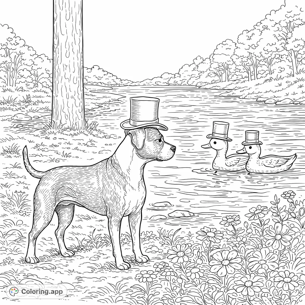 A charming dog in a top hat amidst a beautiful floral waterland. This highly detailed dog coloring page is perfect for adults and teens seeking a creative challenge.