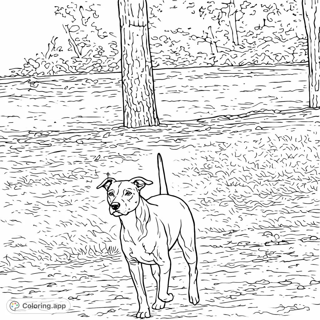 Capture the spirit of a lively dog exploring a natural landscape with textured trees and ground. A fun, engaging animal coloring page for all ages.