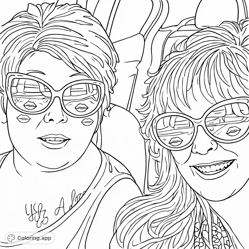 Two cheerful women in stylish, kiss-patterned sunglasses inside a car. A fun coloring page featuring detailed hair and a unique tattoo.