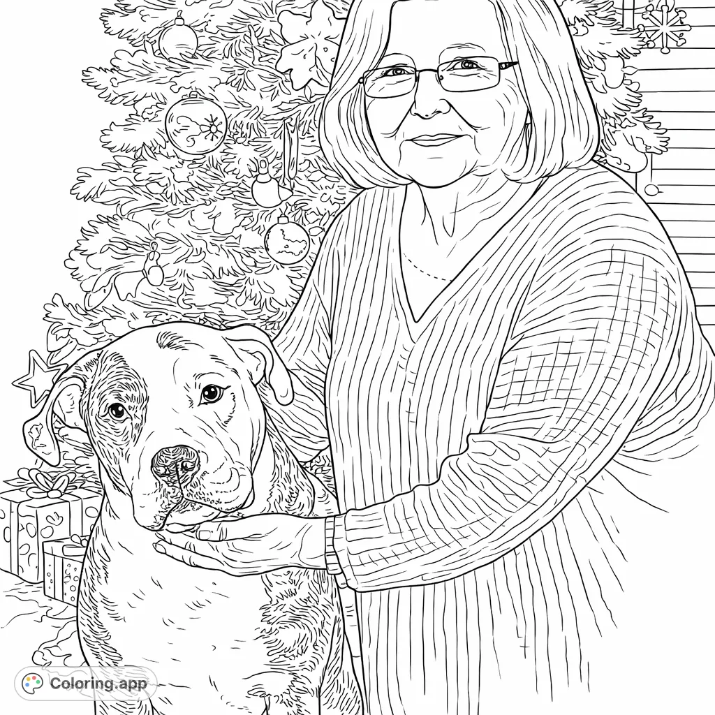 A heartwarming holiday scene featuring a woman embracing her beloved dog, set against a festive, decorated tree, perfect for creative expression.