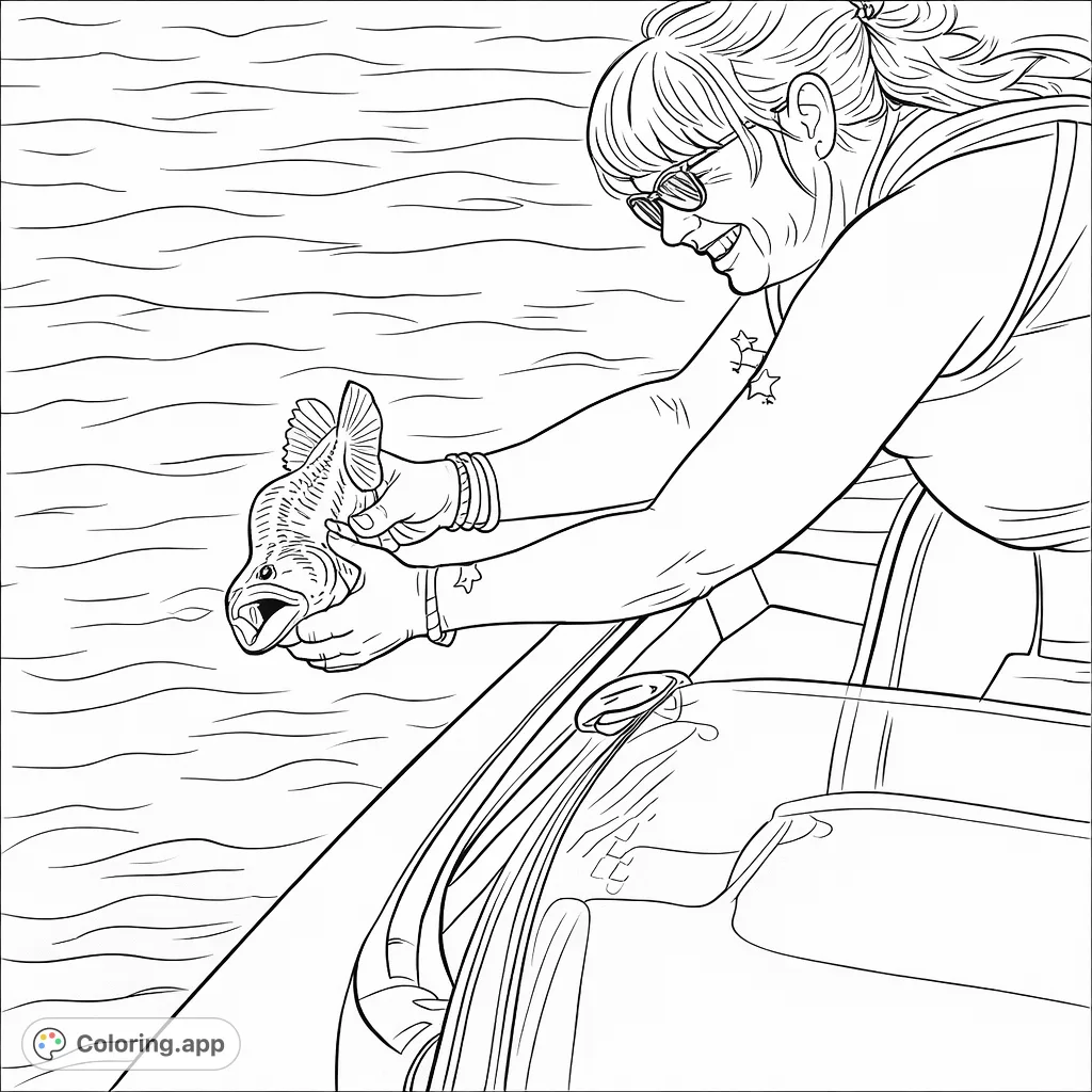 A smiling angler proudly holds a large fish over rippling water, captured in a dynamic moment on a boat. Perfect for fishing enthusiasts to color!