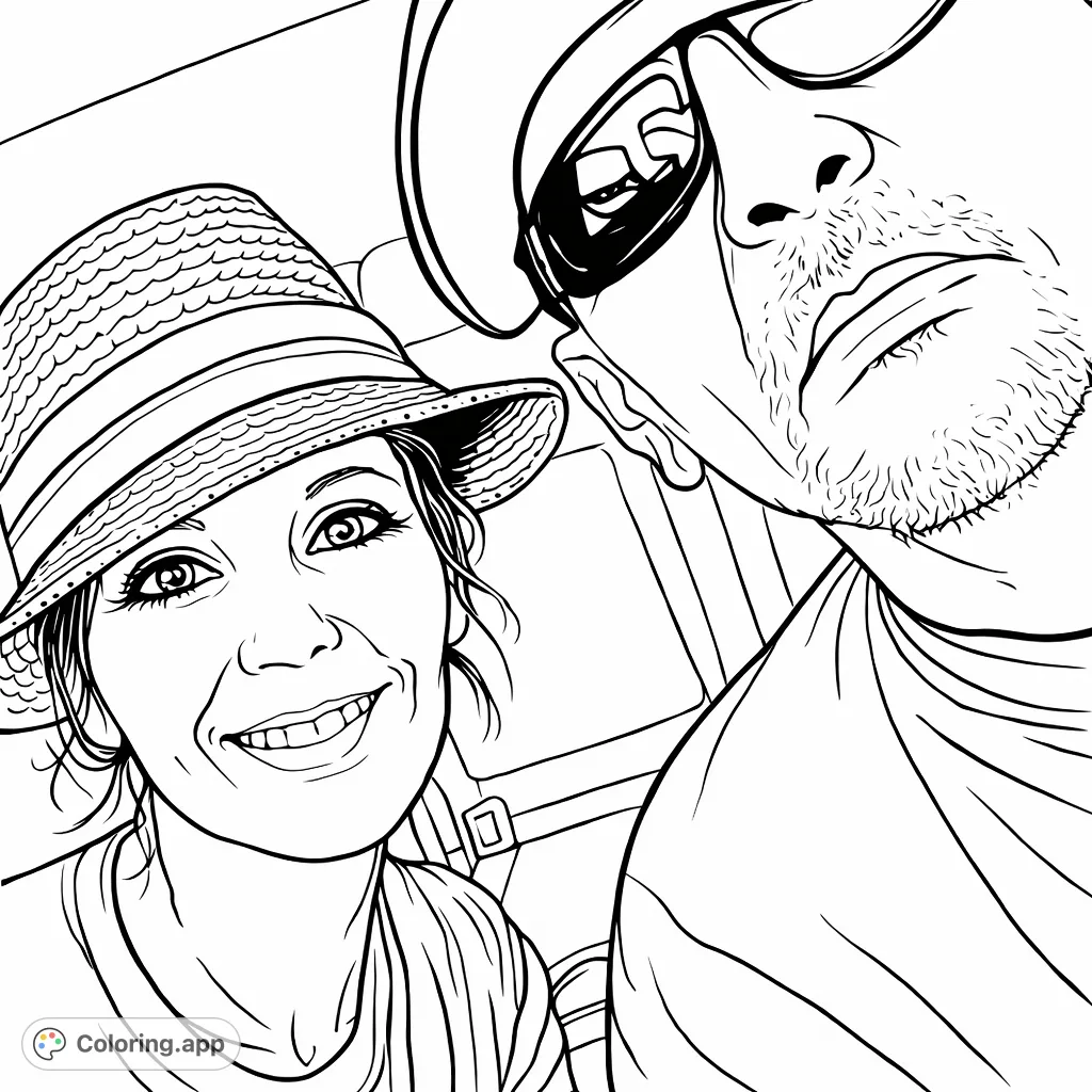 Two smiling travelers, one in a woven hat and the other in sunglasses, share a moment in a vehicle. Personalize their expressions and details.