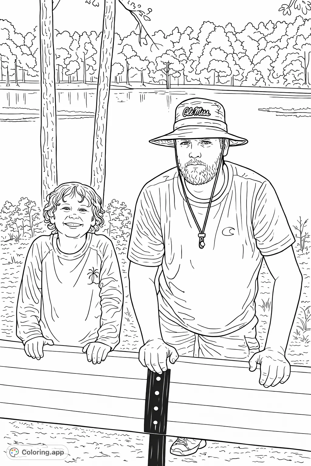 Capture a heartwarming moment of a man and child by a lake. A perfect outdoor adventure coloring page for family fun and nature enthusiasts.