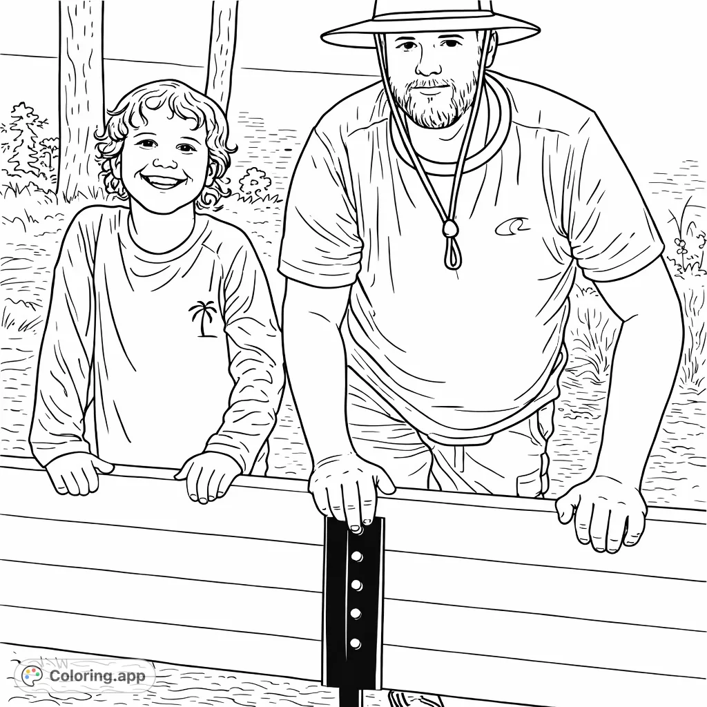 Capture a heartwarming lakeside moment with a smiling child and an adult, leaning on a wooden barrier. Perfect for family-themed coloring fun.